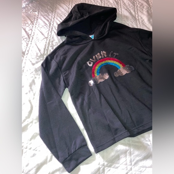 EXPRESS ME “OVER IT” Black Pull over hoodie w/ shiny sequence sz:10-12 girls 🌈 - Picture 4 of 8